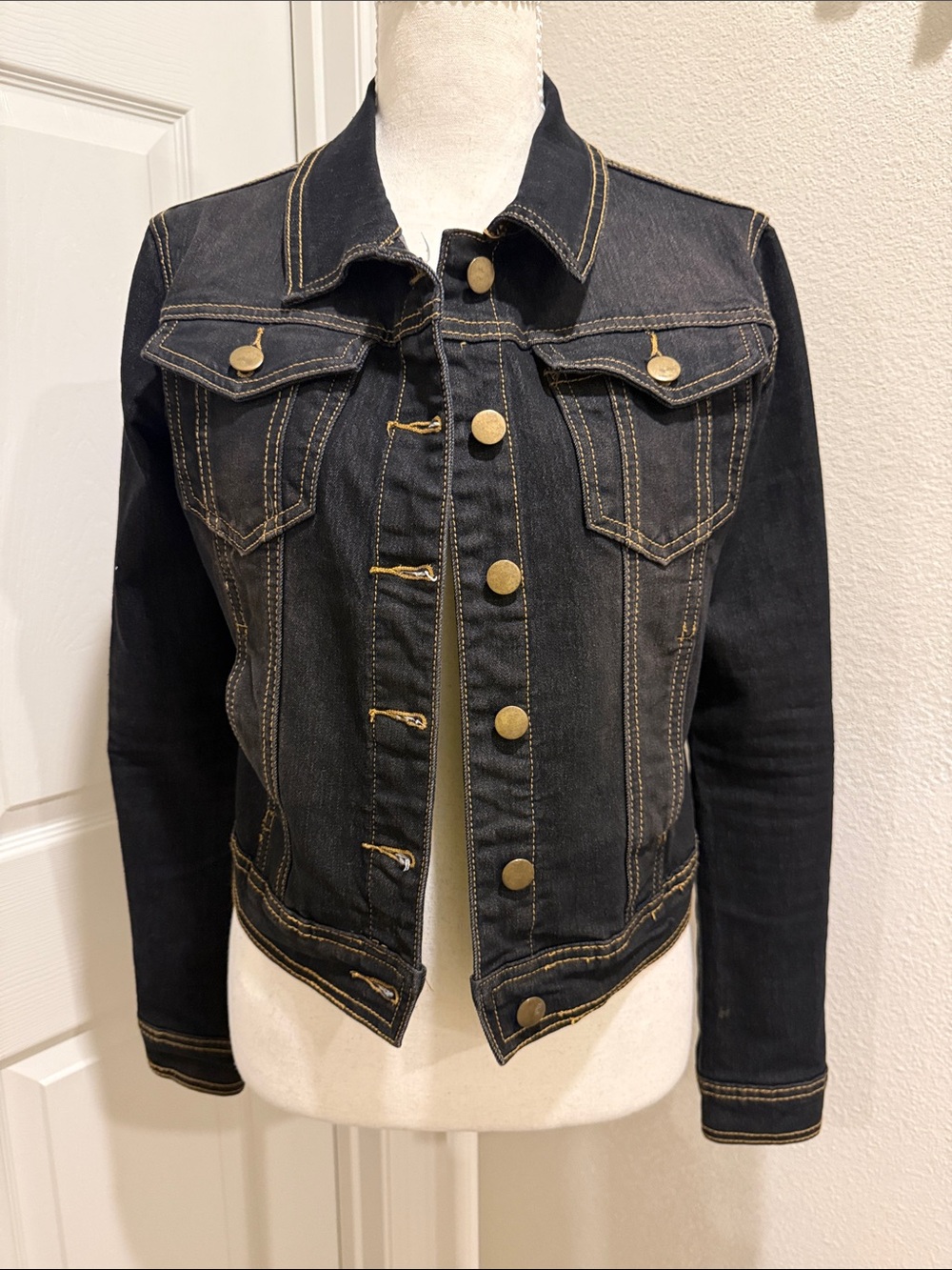 Boohoo Black Denim Jacket with Contrast Gold Stitching